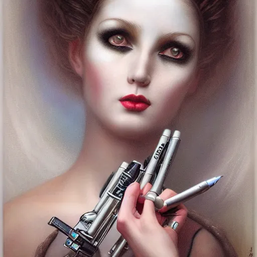 Image similar to the goddess of mechanical pencils, by tom bagshaw peter kemp