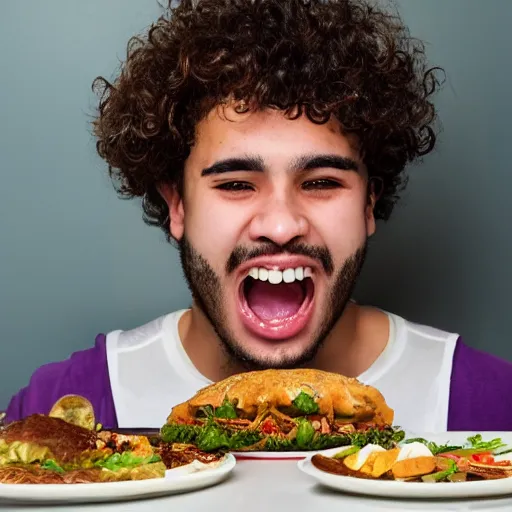 Image similar to curly haired mixed Hispanic 20 year old with a huge underbite looks in awe at a gigantic feast in front of him