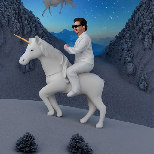 Image similar to 3D render of Kim Jong-il riding on the back of a cute unicorn in a snowy mountain range, highly intricate, highly detailed,