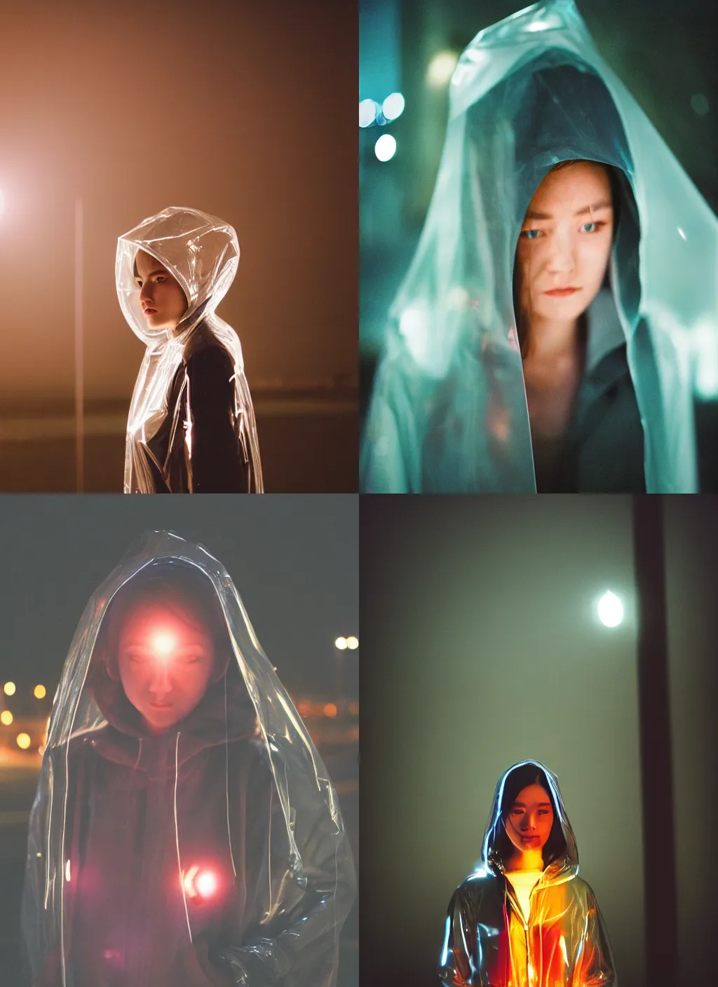 Prompt: detailed and realistic portrait photography at night of a woman wearing a transparent raincoat with hoodie by Shelley Richmond. Cinematic. Lens flare. Portra 800 film. Helios 44m. Neo Tokyo style.