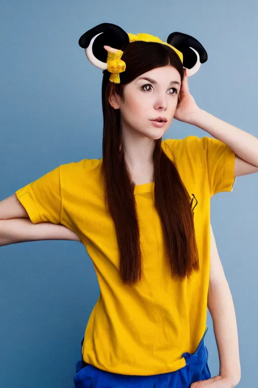 Prompt: girl with brown hair, short horns, long animal ears, a yellow t - shirt and blue overalls, geisha portrait