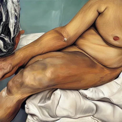 Image similar to high quality high detail painting by lucian freud and jenny saville, hd, anxiety, turquoise