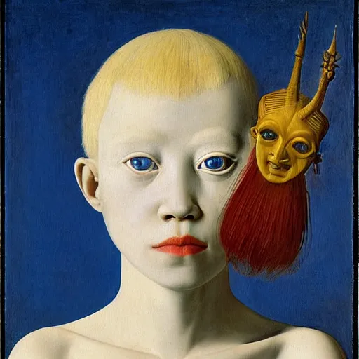 Prompt: portrait of albino girl with blue eyes, with beautiful exotic, archaic, prehistoric, Balinese mask, sculpture. Painting by Jan van Eyck, Audubon, Rene Magritte, Agnes Pelton, Max Ernst, Walton Ford,