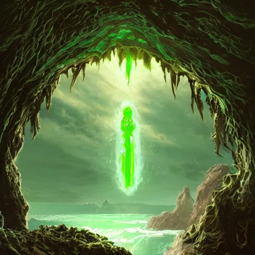 Image similar to a scary glowing green magical portal to another world in darwin's arch, ocean and rock landscape, d & d, fantasy, intricate, elegant, highly detailed, digital painting, artstation, concept art, matte, sharp focus, illustration, art by hayao miyazaki and hideo kojima