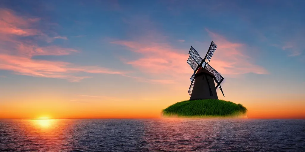 Image similar to Beautiful award winning photograph of a pretty sunset with an island floating in the sky, with a windmill on top, 4k