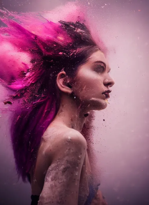 Image similar to a dramatic lighting photo of a beautiful young woman with cotton candy hair. paint splashes. moody, melanchonic. with a little bit of gold and white