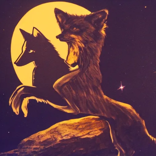 Image similar to david bowie riding a wolf over a rock, dark lighting