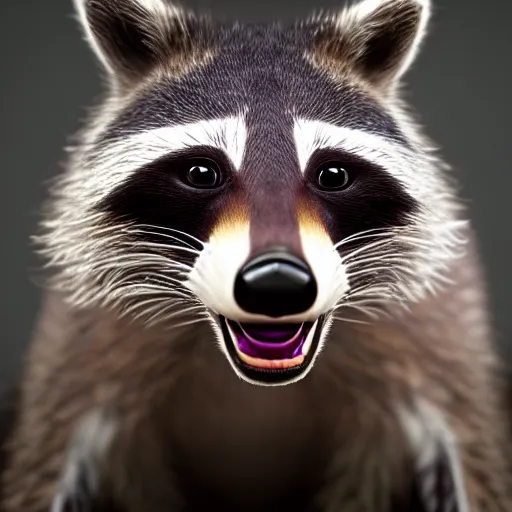 Image similar to a hyperrealistic octane render of a raccoon with a dslr camera for an eye, photorealism, unreal engine, dramatic lighting, volumetric lighting, uplighting