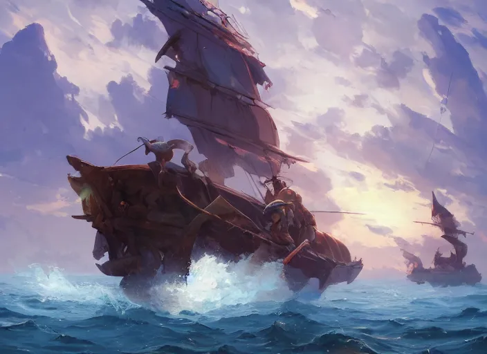 Image similar to cover concept art of medieval battles in the sea, prince of the seas, volumetric lighting, official fanart behance hd artstation by Jesper Ejsing, by RHADS, Makoto Shinkai and Lois van baarle, ilya kuvshinov, rossdraws