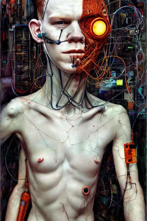 Prompt: cameron monaghan as a cyberpunk hacker, wires cybernetic implants, by esao andrews, jenny saville, james jean, dark art