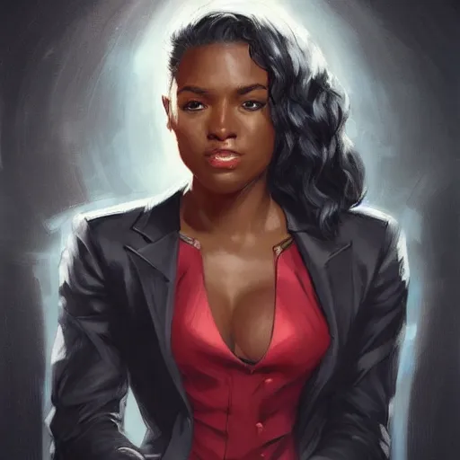 Image similar to confident black female lawyer, superstar litigator, portrait, highly detailed, digital painting, trending on artstation, concept art, sharp focus, illustration, art by artgerm and greg rutkowski and magali villeneuve