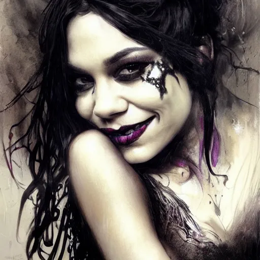 Image similar to beautiful portrait of vanessa hudgens as death from sandman, smiling, by cedric peyravernay, alphonse mucha, by jeremy mann, by lecouffe deharme, goth chic, soft lightning, eyeliner, punk rock, high detailed, 8 k