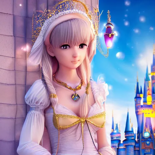 Image similar to a very detailed, ultra-realistic, pleasant, beautiful, funny, smooth 3D CG render, semirealistic anime style, close-up of a gorgeous, cute, gentle, noble priestess magician princess girl wearing dress and jewelry, in a glorious magic kingdom with castle and walls, relaxing calm vibes, fairytale, octane render