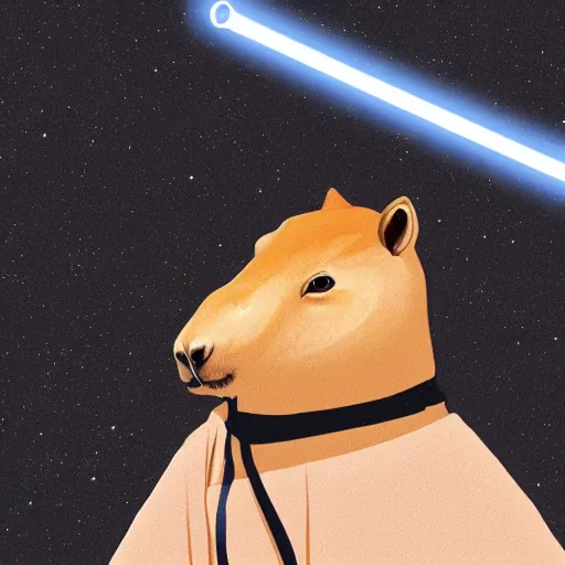 Image similar to an illustration of a capybara wearing a sith robe and holding a lightsaber, Digital art