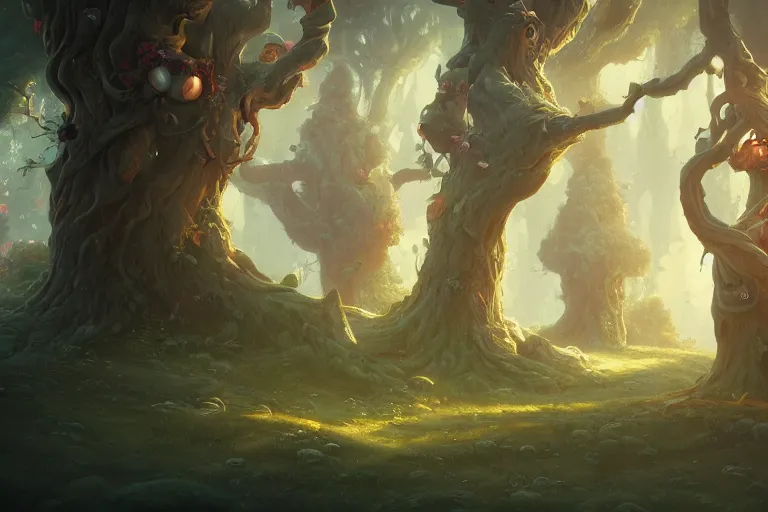 Prompt: detailed painting of trees with faces fairytale, in the style of peter mohrbacher, james jean, artgerm, dramatic lighting and composition, surreal background, octane render, pixar, trending on artstation, concept art, comic book, 8 k