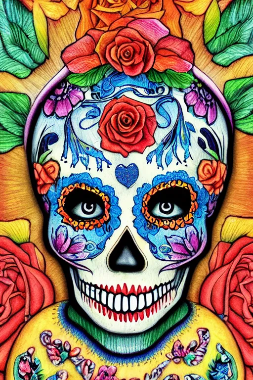 Prompt: Illustration of a sugar skull day of the dead girl, art by barclay shaw