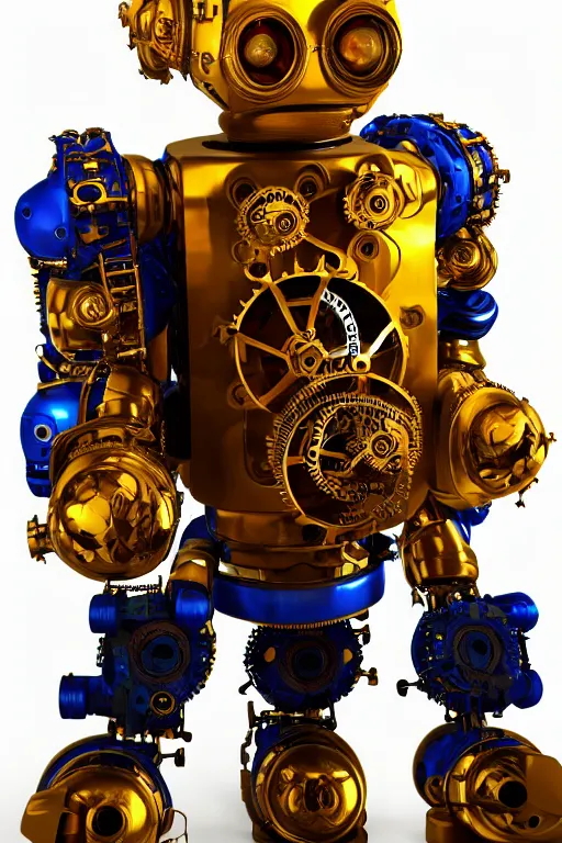 Prompt: portrait photo of a giant huge golden and blue metal humanoid steampunk robot, the head is a huge camera, with gears and tubes, eyes are glowing red lightbulbs, shiny crisp finish, 3 d render, 8 k, insaneley detailed, fluorescent colors, background is multicolored lasershow