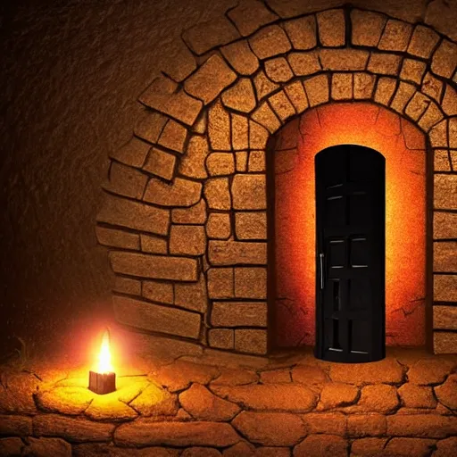 Image similar to secret door hidden very well in a dungeon wall lit with torches, d & d, photo