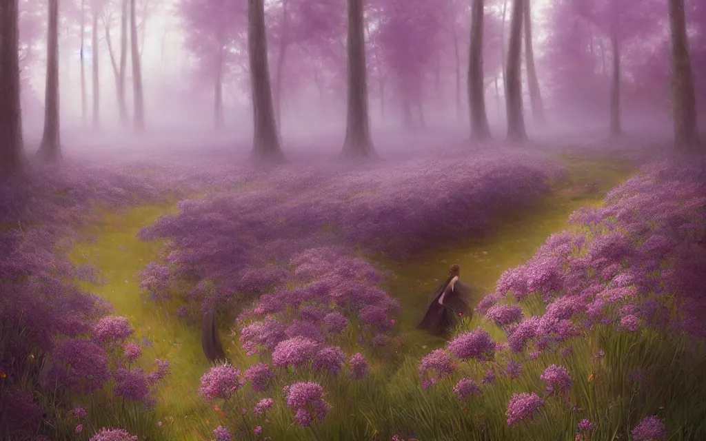 Prompt: an expanse of purple flowers, fir trees in the distance, fog, gloomy atmosphere, fantasy, intricate, elegant, highly detailed, digital painting, artstation, concept art, smooth, sharp focus, illustration, art by artgerm and greg rutkowski and alphonse mucha, wlop