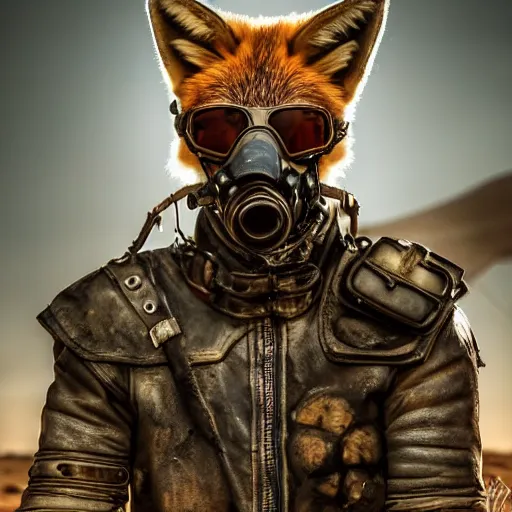 Prompt: portrait of an anthro fox, wastelands, mad max style, lots of details, leather, jackets, helmet, sunglasses, weaponry, militarised, studio lighting