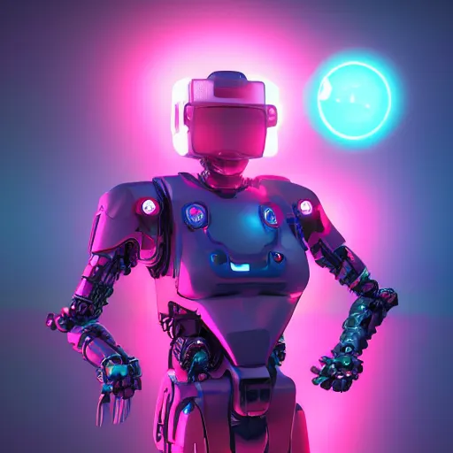 Image similar to cyberpunk concept cool cyborg bot, cinema 4 d, galaxy, ufo, space sci - fi, wearing vr goggles, illustration, portrait, pastel neon textured background night, trending on artstation, greg rutkowski, octane rendered, 1 2 k, detailed,