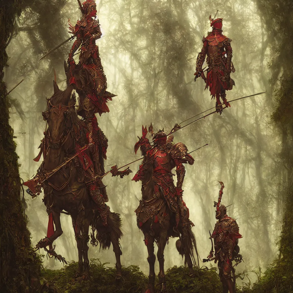 Prompt: fantasy male knight red plume, center focused, matte painting, lush fairy forest, neon, concept art, schematics, gnarly details painted by tom bagshaw, norman rockwell, mucha, james gurney, high detail, denoised, sharp, architectural