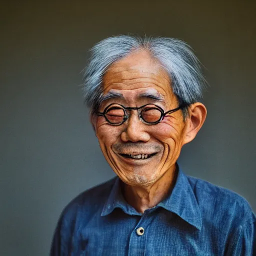 Image similar to a character portrait photo of a smiling old japanese man, hopeful, flickr contest winner, neo-expressionism, art photography, busy background, hyperrealism, chiaroscuro, anamorphic lens flare, elegant, shallow depth of field, haze, volumetric lighting, photo taken with provia, 24mm, f1.8, by Filip Hodas, by Andrew Domachowski