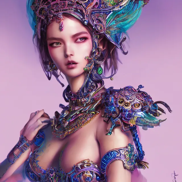 Image similar to studio portrait of colorful female divine mech dancer as absurdly beautiful, elegant, young sensual gravure idol, ultrafine hyperrealistic detailed face illustration by kim jung gi, irakli nadar, intricate linework, sharp focus, bright colors, matte, octopath traveler, final fantasy, unreal engine highly rendered, global illumination, radiant light, intricate environment