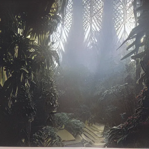 Image similar to 1 9 0 0 s photo overgrown zaha hadid alphonse mucha spaceship high - tech symmetry godrays haze ruins in jungle dripping sunlight