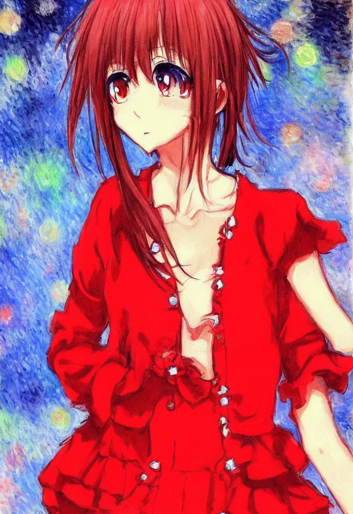 Prompt: medium shot portrait, a cute red outfit, tokyo anime scene, very anime in impressionist style, anime trending artwork, anime painter studio, by claude monet