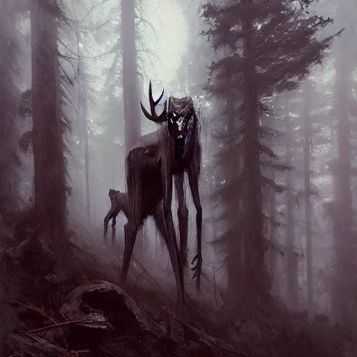 Prompt: portait of a wendigo!!!!!!!!!! in a forest, by jeremy mann, by tiepolo, mike mignola, by greg rutkowski, misty, at dusk, mysterious atmosphere, high detailed, 8 k