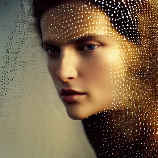 Image similar to full shot of a regal brown woman wearing an intricate and detailed armor made of thousands of dew drops. refracted light. reflections. morning dew.. delicate. translucent. no makeup!! haunting eyes. vulnerable. fragile. ethereal. refracted light. by louise dahl - wolfe. by michal karcz. octane render