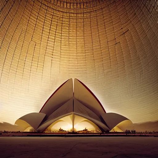 Prompt: futuristic lotus temple with gold, red and white marble panels, shafts of sunlight in the centre, in the desert, by h r giger, intricate contemporary architecture with art nouveau motifs, photo journalism, photography, cinematic, national geographic photoshoot