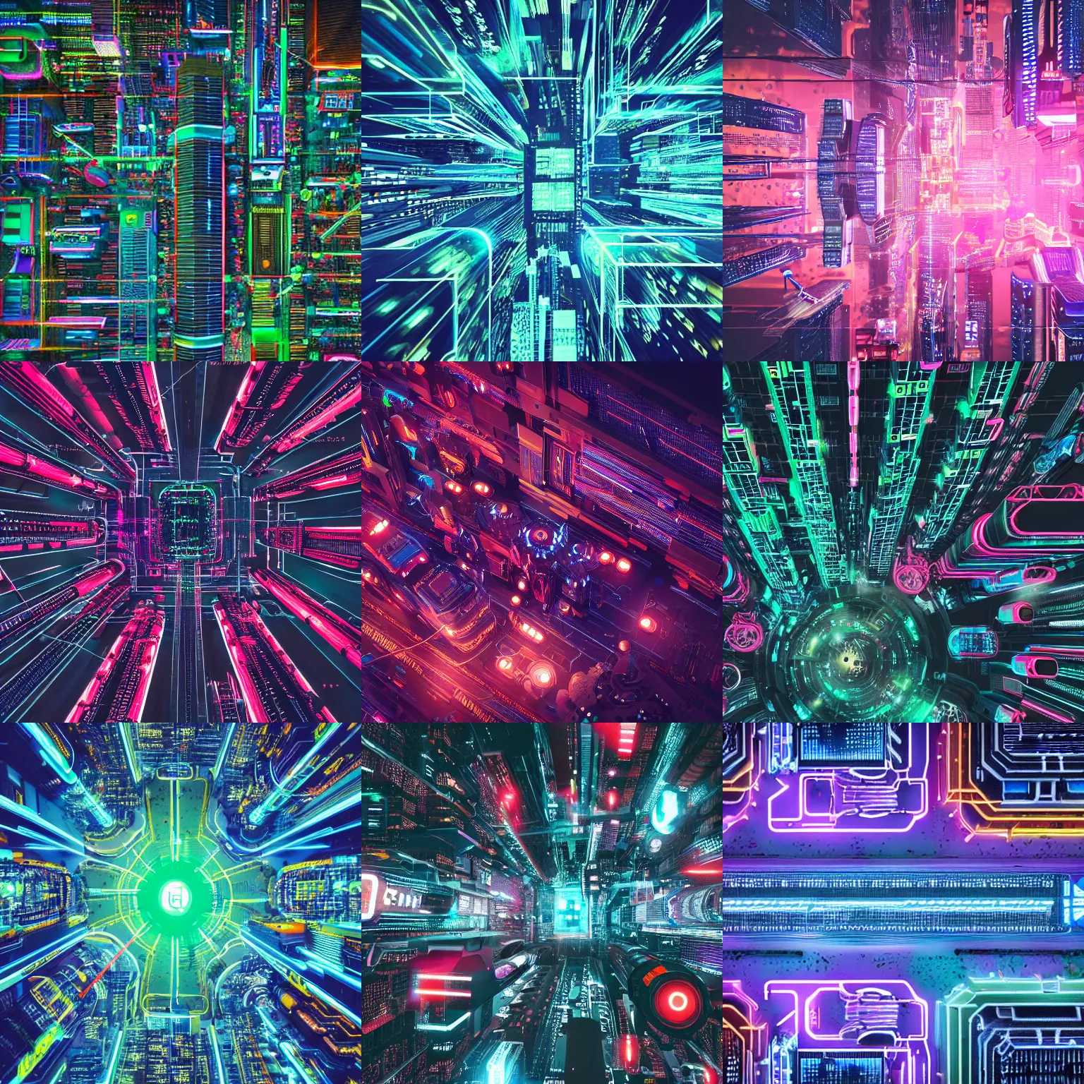 Prompt: detailed neon cyber city, top view, many disassembled cyborgs and androids walk the streets, futurism, future, intricate detail, cinematic, 8 k