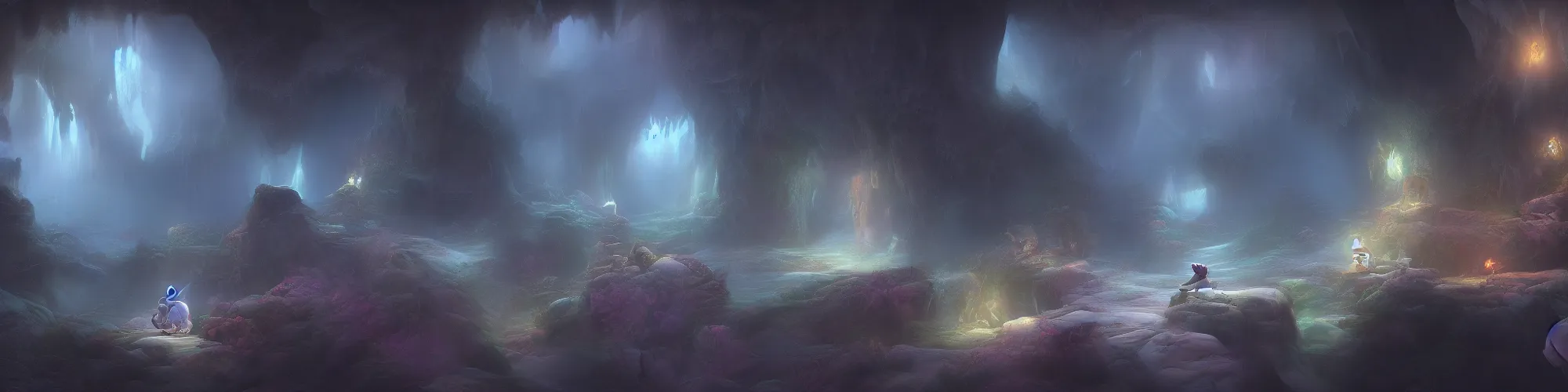 Image similar to huge stone cave with cinematic lighting in the style of ori and the blind forest, highly detailed, digital art 4k, 8k