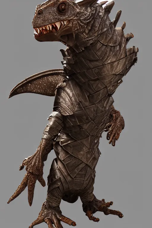 Image similar to a frilled neck lizard wearing leather armor and holding a sword, unreal engine, volumetric lighting, artstation