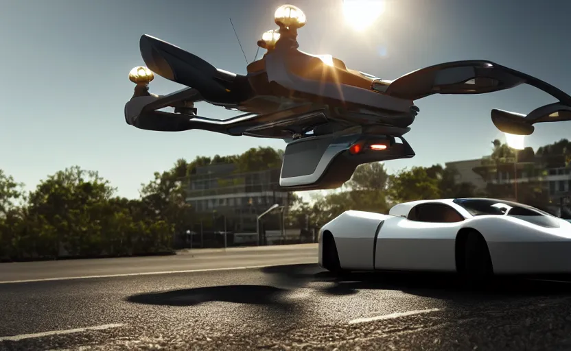 Prompt: photorealistic Flying cars on roads futuristic. daylight. sunlight. lens flare. light fixtures. 8K. detailed. photorealism. artstation. 25mm f/1.7 ASPH Lens. ultra realistic