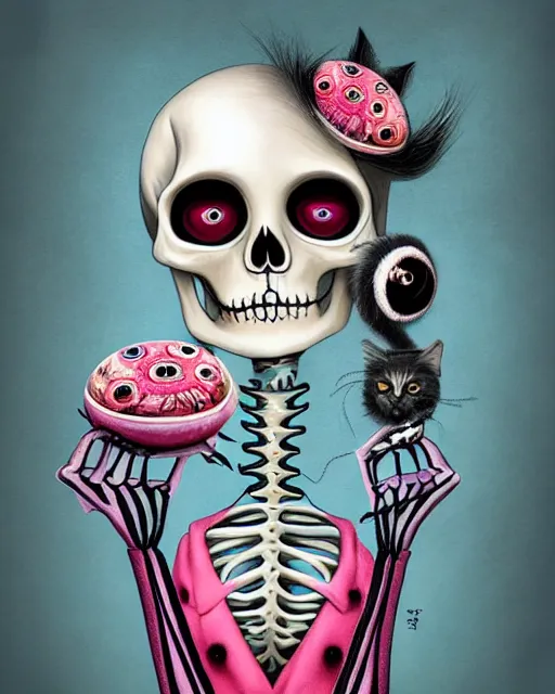 Prompt: a surrealistic head and shoulder painting of a gorgeous female skeleton with cat eyeballs and lipstick and hoodie, in the style of mark ryden, digital art, detailed masterpiece