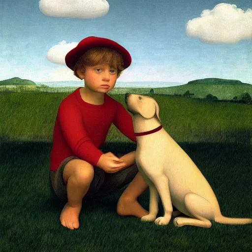 Image similar to a boy and his dog by Raphael, Hopper, and Rene Magritte. detailed, romantic, enchanting, trending on artstation.