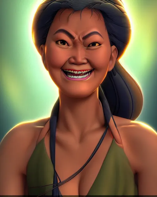 Image similar to grinning heavy filipina woman character portrait, by don bluth, sci - fi environment, highly detailed, dynamic shadows, 4 k, wallpaper - 1 0 2 4