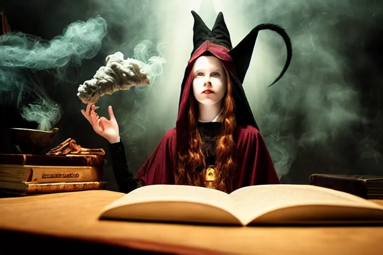 Image similar to close up portrait, dramatic lighting, teen alice witch casting a spell over a large open book on a table with,, cat on the table in front of her, sage smoke, a witch hat cloak, apothecary shelves in the background, still from tim burton movie