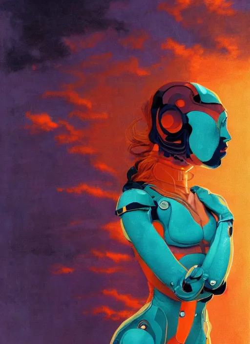 Prompt: symmetry!! dynamic pose! closeup portrait of a cyborg agile girl, high fashion cyborg jumpsuit, shoulder pads, cinematic light, backlight, teal orange, clouds, sunset, by gerald brom, by mikhail vrubel, by peter elson, muted colors, extreme detail, trending on artstation, 8 k