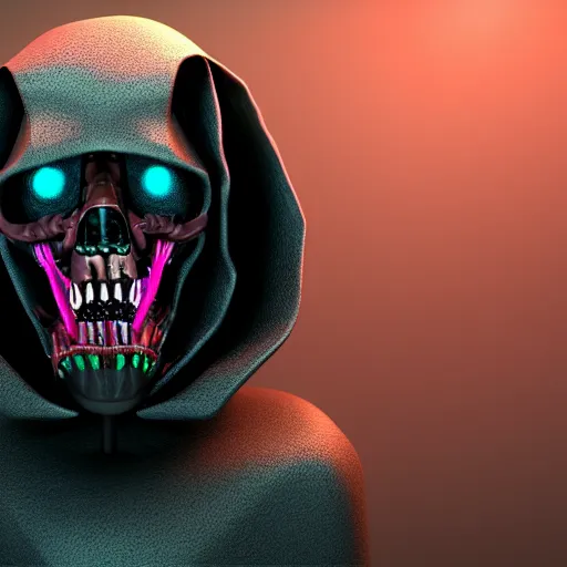 Image similar to candypunk grim reaper, character design, high quality digital art, render, octane, redshift, volumetric lighting, oled