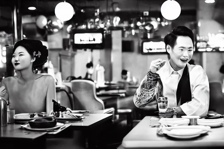 Image similar to movie interior closeup beautiful Chinese fashion model couple teams closeup joking at 50s diner, night in the city, beautiful skin, by Emmanuel Lubezki