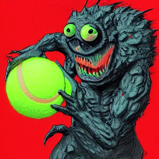 Prompt: a tennis ball monster, tennis ball, dark, chalky, gargoyle, digital art, fantasy, magic, trending on artstation, ultra detailed, professional illustration by Basil Gogos