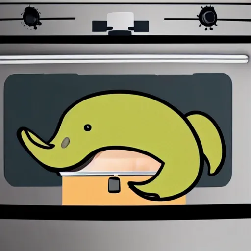 Image similar to cute platypus on a kitchen wearing a chef hat and holding a lasagna into an oven, logo style