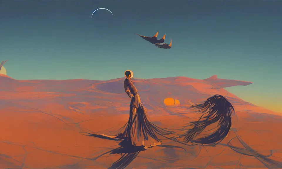 Image similar to digital art, birds eye view, berber witch over the desert at night, by syd mead, syd mead color scheme, sci - fi, arik roper, kirby krackle, concept art