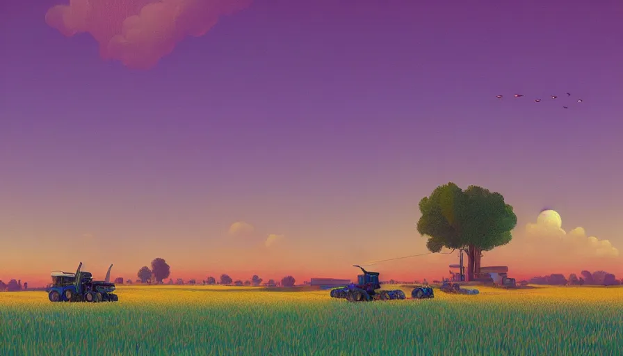 Image similar to colourful sky, wheat field, distant combine harvesters, big trees, matte painting, art station, digital art, simon stalenhag