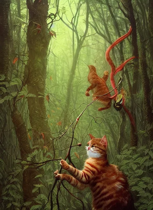 Prompt: a hyper realistic cat witch bird creature in the woods gorgeous lighting, lush forest foliage painting by chiara bautista and beksinski and norman rockwell and greg rutkowski weta studio, and lucasfilm