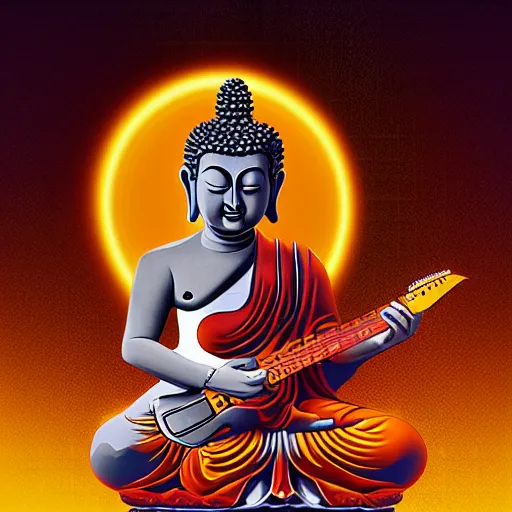 Image similar to Buddha playing electric guitar, digital art, artstation, award winning